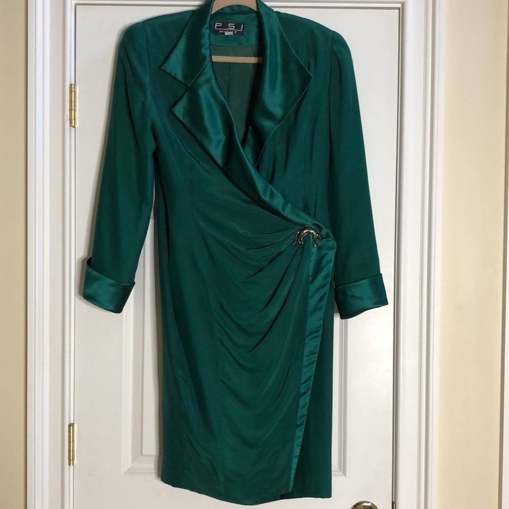 Vintage PSI Night Silk Wrap Power Dress Green 10 - Picture 3 of 15